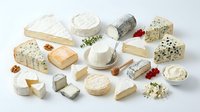 Assorted artisanal cheese varieties including soft, aged, and blue cheese blocks with herbs, nuts, and berries arranged on white background for culinary and food styling projects.