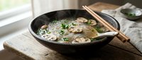 Asian mushroom noodle soup with fresh herbs in black bowl on wooden table, healthy comfort food meal with chopsticks for restaurant menu design.