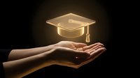 Hands holding glowing graduation cap symbolizing education achievement and academic success for learning concepts and university degree completion.