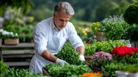 Middle-aged Caucasian male chef in white uniform harvesting fresh herbs and vegetables from garden bed surrounded by colorful flowers and lush greenery.