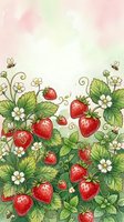 Strawberry garden with white flowers, green leaves, and flying bees on soft watercolor background. Isolated botanical illustration suitable for packaging, textiles, and home decor designs.