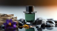 Luxury green perfume bottle with spa stones, purple flower and driftwood on reflective surface against blurred background. Elegant fragrance composition.