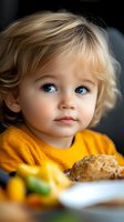 Adorable blonde toddler with blue eyes in yellow sweater sitting at table with bread roll, childhood mealtime moment for family lifestyle content.