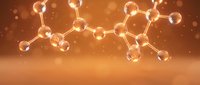 Glowing molecular structure with connected atoms and bonds on warm orange background. Scientific chemistry concept for research, biotechnology and pharmaceutical applications.