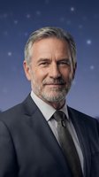 Mature male professional with gray hair and beard wearing dark business suit and tie against blue starry background, suitable for corporate portraits, business websites, and professional headshots.