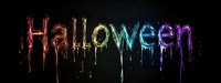 Rainbow colored dripping text spelling Halloween against black background, glowing neon effect with liquid paint drips creating spooky atmospheric lettering.