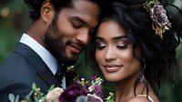Romantic couple in elegant wedding attire sharing intimate moment with burgundy flowers, perfect for wedding photography and bridal marketing materials.