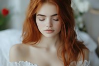 Young Caucasian woman with long red hair and closed eyes in white off-shoulder dress, serene expression for beauty, wellness and skincare concepts.