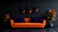 Modern orange sofa with purple cushions against dark wall, pendant lamps and decorative plants create dramatic contemporary living room interior.