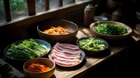 Fresh ingredients for Korean barbecue laid out on wooden table including sliced pork belly, green vegetables, kimchi and seasoned banchan side dishes in dark ceramic bowls.