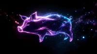 Glowing neon pig silhouette with magical sparkles and light trails against dark background, cosmic energy effect creates luminous farm animal outline.