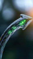 Futuristic curved glass arrow with glowing green circuit elements and digital nodes on dark background, representing technological advancement and innovation.