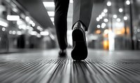 Low angle view of business person walking on textured floor with dramatic lighting and bokeh effect in modern office corridor, black and white stylized photo.
