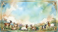 Herd of goats grazing in pastoral landscape with wildflowers, lavender fields, and cloudy sky. Watercolor farm animals illustration suitable for agricultural, rural, and countryside design projects.
