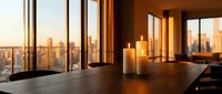 Warm candlelit conference room with city skyline view at sunset, modern office interior with wooden table and chairs for business meetings and presentations.