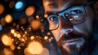 Bearded man in glasses illuminated by warm bokeh lights creating magical atmosphere with glowing particles and dramatic side lighting effect.