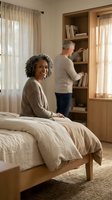 Smiling senior African American woman sitting on bed while Caucasian man organizes bookshelf in cozy sunlit bedroom.