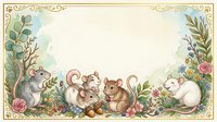Adorable woodland animals including squirrel, mice and rabbit in decorative floral border frame with roses and leaves on soft watercolor background.