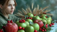 Young woman with green eyes gazes thoughtfully beside fresh harvest of red and green apples with scattered cranberries on rustic wooden surface against blurred background.