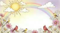 Sunny spring meadow frame with colorful birds, blooming flowers, rainbow and fluffy clouds creating cheerful border for greeting cards and seasonal designs.