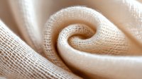 Soft cream colored natural linen fabric forming elegant spiral shape with visible textile weave texture, macro photography showing detailed fiber structure.