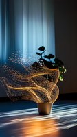 Abstract light trails swirling around potted plant creating dynamic energy flow visualization for modern digital art and creative design projects.