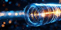 Glowing optical fiber with blue light streaks and golden bokeh effects creating futuristic technology concept against dark background with light particles.