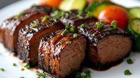 Grilled beef steak slices with glossy sauce and fresh herbs served alongside colorful vegetables on white plate for restaurant menu and food photography.