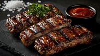 Grilled pork ribs with barbecue sauce and fresh herbs served on black stone plate. Juicy meat with charred grill marks and garnish. Dark moody food photography.