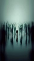 Mysterious silhouettes of people standing in foggy darkness with water reflections create an eerie supernatural atmosphere in teal and black tones.