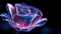 Glowing rose in neon pink and blue colors against dark background with luminous particles and light trails creating magical ethereal effect.