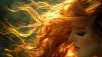 Young woman with flowing red hair illuminated by golden sunlight, eyes closed in serene expression, side profile against dark background creating dramatic contrast.