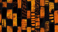 Glowing orange city windows illuminate dark skyscrapers at night, creating an abstract urban pattern of light and shadow in modern metropolis architecture.