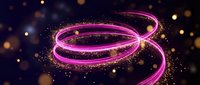 Glowing neon pink spiral with sparkling particles and bokeh lights on dark background, suitable for tech, energy, and abstract design projects.