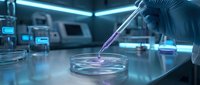 Scientist in laboratory conducting research with pipette and petri dish in sterile environment with modern equipment and blue lighting.