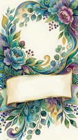 Watercolor floral frame with gold ribbon banner, teal and purple flowers, berries, and swirling leaves on white background for invitations.