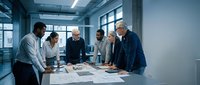 Diverse business team collaborating over architectural plans in modern office conference room with natural lighting and professional atmosphere.