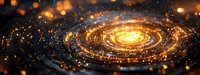 Glowing spiral galaxy with golden particles and light effects against dark background, creating cosmic space atmosphere with magical bokeh elements.