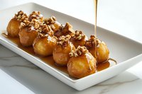 Golden fried dough balls topped with crushed walnuts and drizzled with honey syrup on white rectangular plate, sweet dessert against marble background.