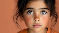 Young Hispanic girl with striking blue eyes, freckles, and natural makeup against orange background. Close-up portrait showing innocence and natural beauty.