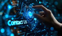 Female hand touching virtual contact interface with glowing blue digital elements and futuristic circles on dark background, representing customer service technology.