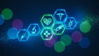 Medical healthcare icons in glowing hexagonal pattern on dark blue background with colorful bokeh lights for digital health technology presentations.