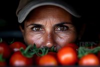 Close up portrait of Hispanic female farmer with bright eyes behind fresh red tomatoes on vine, showing authentic agricultural lifestyle and local food production.