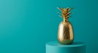 Golden pineapple decoration on turquoise pedestal against teal background for modern interior design and tropical themed decor projects.