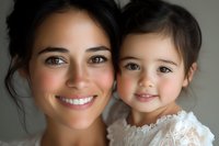 Smiling Hispanic mother and young daughter in white lace dress share tender moment against neutral background. Close up portrait showing genuine joy and connection.
