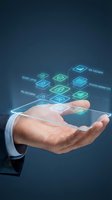 Businessman hand holding holographic digital icons with cybersecurity and risk assessment symbols floating above palm on dark blue background.