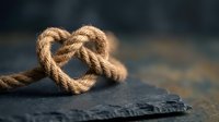 Natural jute rope twisted into heart shape on weathered wood surface with soft blurred background for romantic and rustic themed projects.