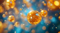 Glowing golden spheres with magical sparkles floating in turquoise blue space, creating dreamy bokeh effect and ethereal atmosphere. Abstract festive background.