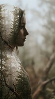 Woman's profile merged with misty forest landscape, featuring coniferous trees and natural woodland scenery for environmental, nature, and conceptual design projects.