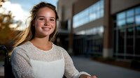 Young blonde Caucasian female student smiling confidently outside modern university building during golden hour for education and campus lifestyle content.